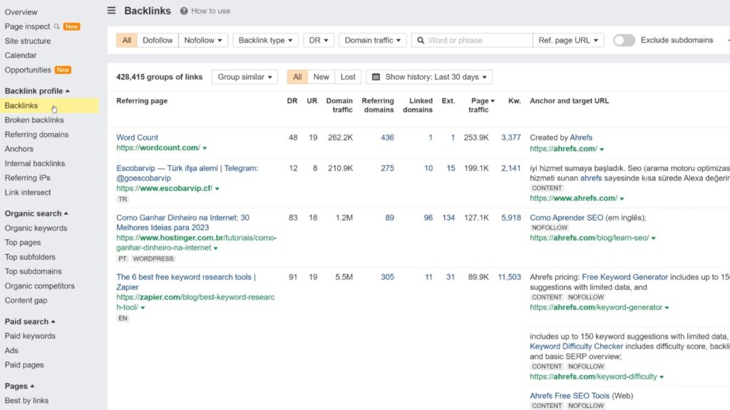 Mangools vs Ahrefs: Ahrefs backlink profil