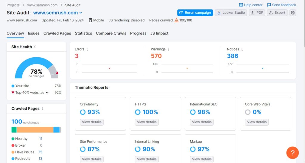 SEMrush vs Serpstat: SEMrush Site Audit